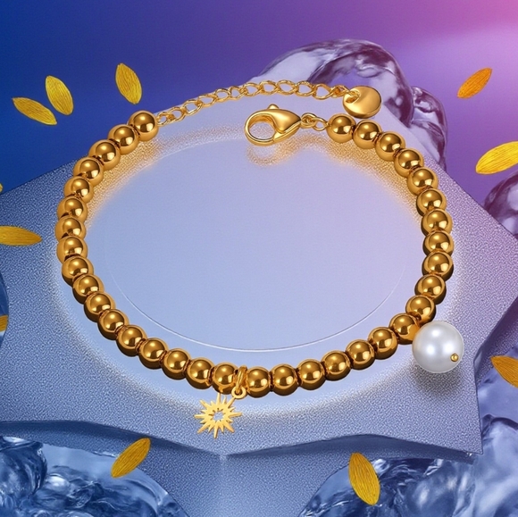 ๐๏ธ18K Gold Plated Stainless Steel Beaded Bracelet with Sun & Pearl Charms โจ - Picture 10 of 12